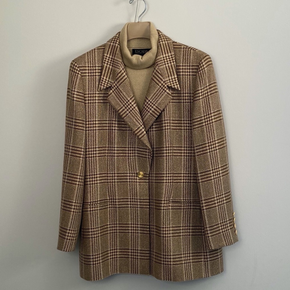 ESCADA Margaretha Ley Brown & Gold Metallic Herringbone Jacket WITH Turtleneck